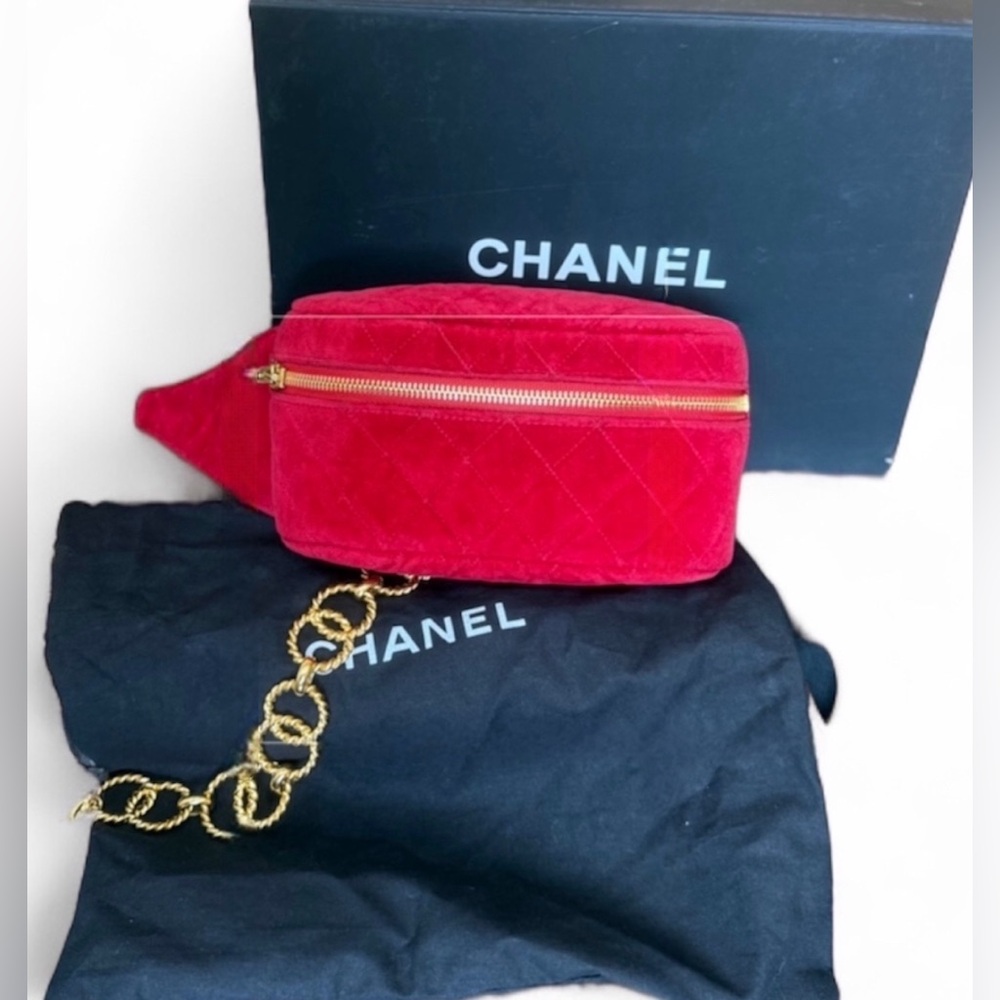 Rare Chanel Vintage Red Velvet Quilted Belt Bag Runway piece
